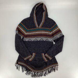 Ecologic Arts Women's Alpaca Aztec Fringe Hooded Sweater Southwestern Gray Sz M